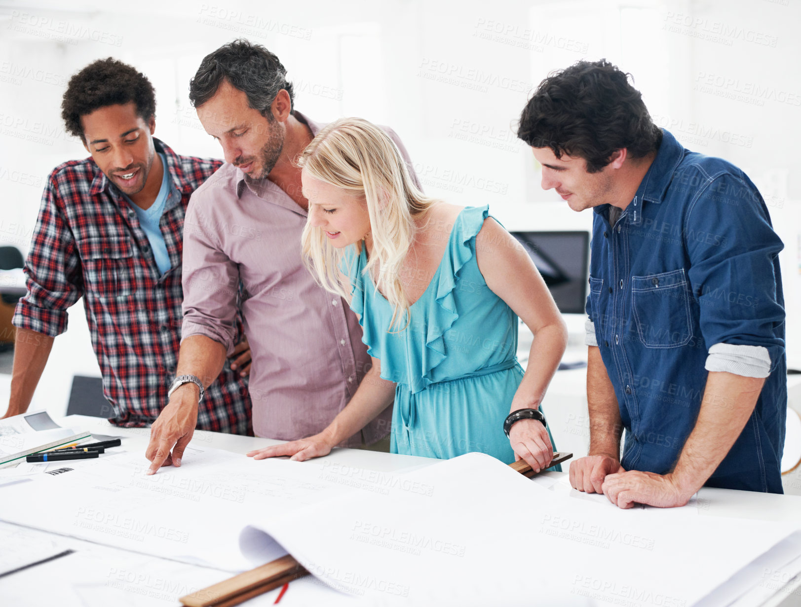 Buy stock photo Meeting, architects and design with blueprint at office, layout planning or building development. Discussion, people or team with construction paperwork, creative strategy or collaboration at startup