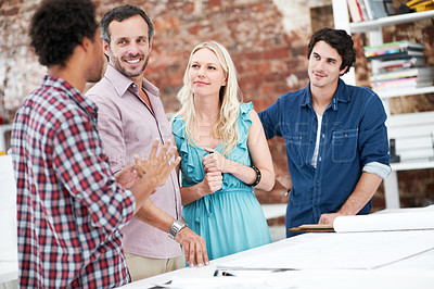 Buy stock photo Happy, architect and team with floor plan in office, brainstorming and real estate design in meeting. Architecture, designer and people with paperwork, collaboration and property development ideas