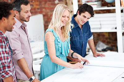 Buy stock photo Floor plan, team or woman with document in office, design evaluation or project development. Architect, blueprint or people with schematic in meeting, construction sketch or smile in creative startup
