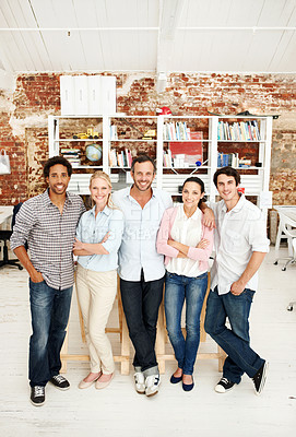 Buy stock photo About us, architect and portrait of creative team in office together for design or development. Collaboration, smile and support with engineer people in workplace for building or construction career