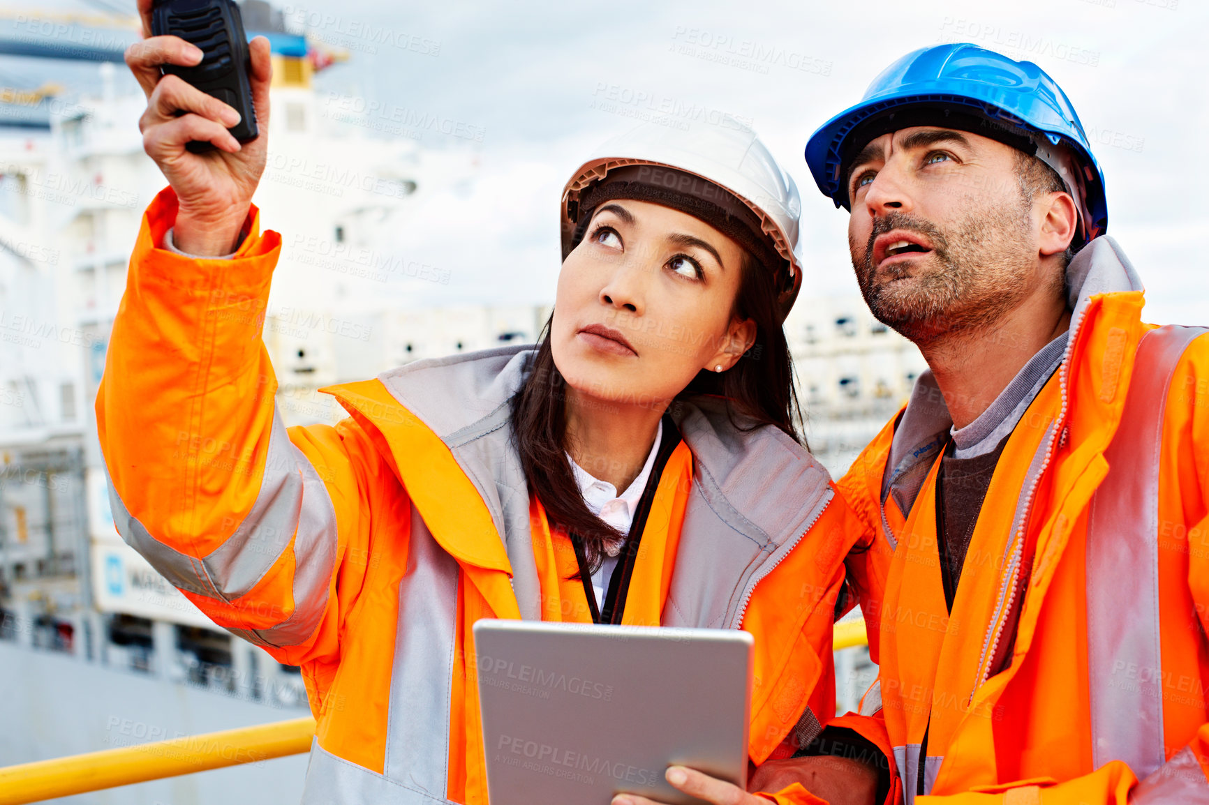 Buy stock photo Logistics, supervisor and team outdoor with tablet, safety check or loading plan in distribution. People, mature lead or dispatch worker with tech, compliance review or coordination in dock operation