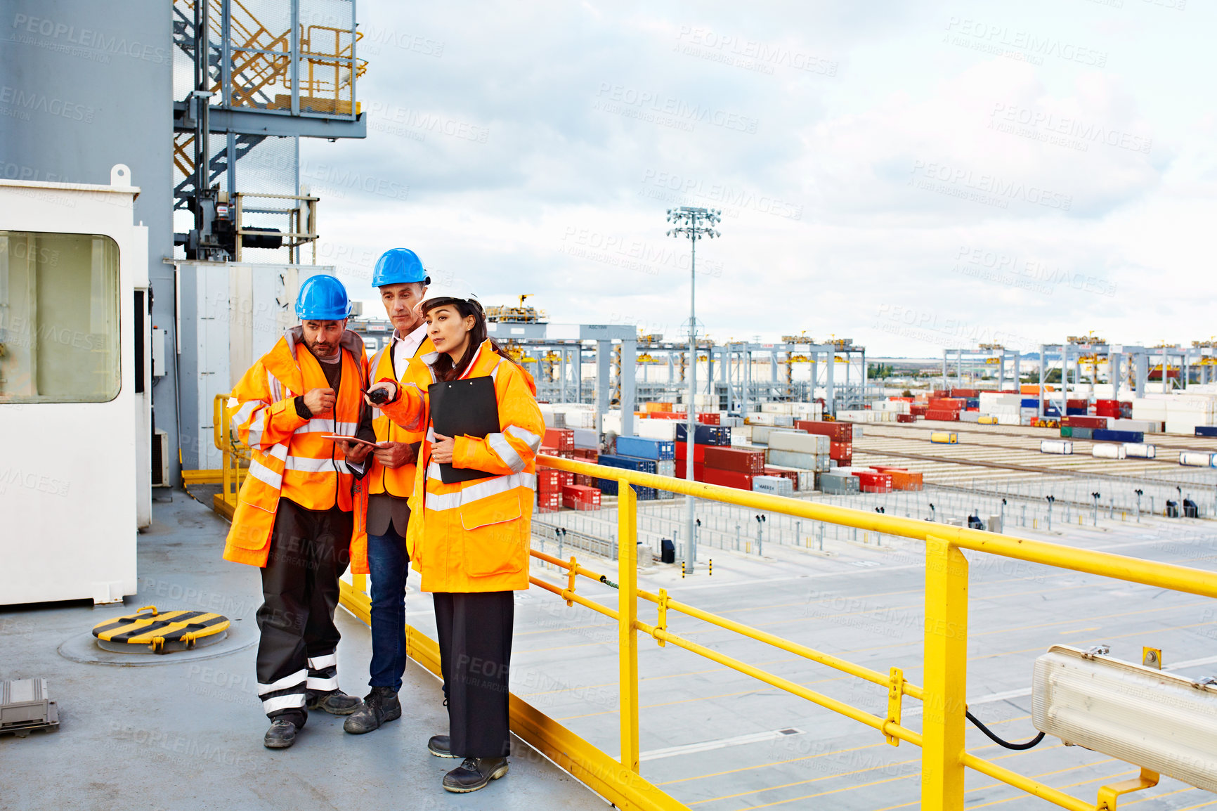 Buy stock photo Logistics, team and tablet in port for maintenance agenda, inventory management or discussion. Operations manager, people or tech in shipyard with clipboard, electrician and inspection feedback