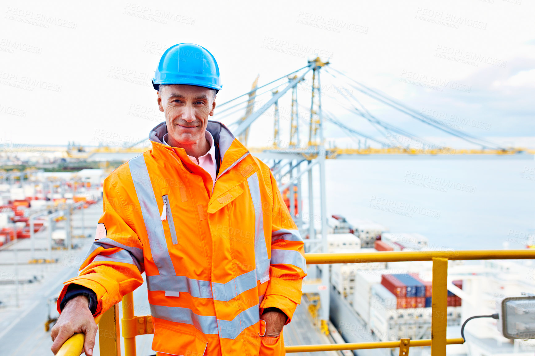 Buy stock photo Logistics, happy and man at dock with portrait, dispatch worker and about us in distribution. Smile, PPE and mature person with space, shipyard coordinator and confidence in supply chain industry.