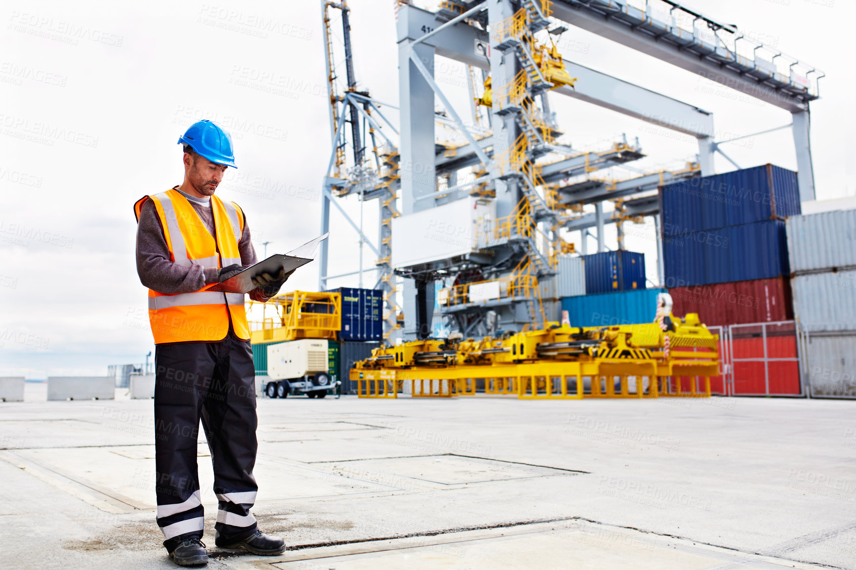 Buy stock photo Logistics, inspection or man on dock with clipboard, stock check or loading schedule in distribution. PPE, export or supplier with checklist, inventory management or shipment track in yard operation.