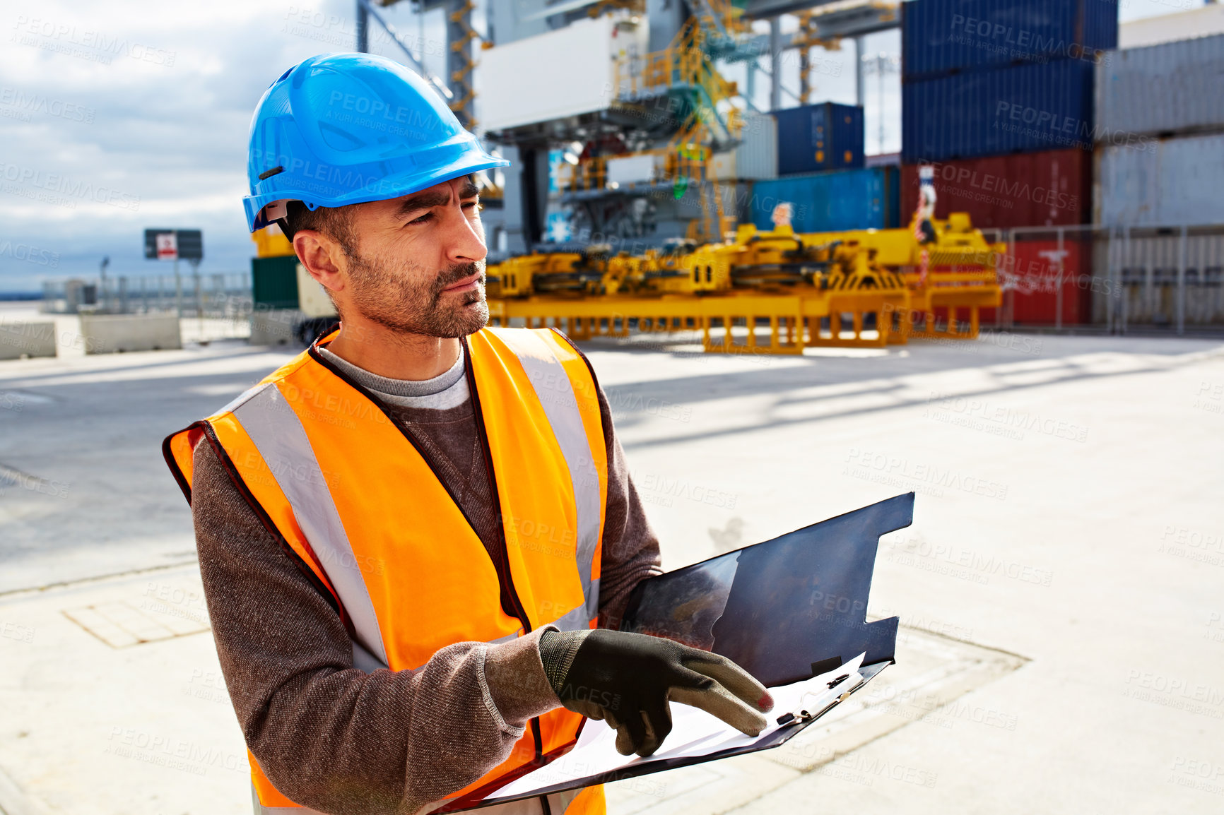 Buy stock photo Clipboard, planning and logistics worker on dock with documents for information on distribution. Checklist, man and supply chain manager with paperwork for delivery, freight cargo or export details.