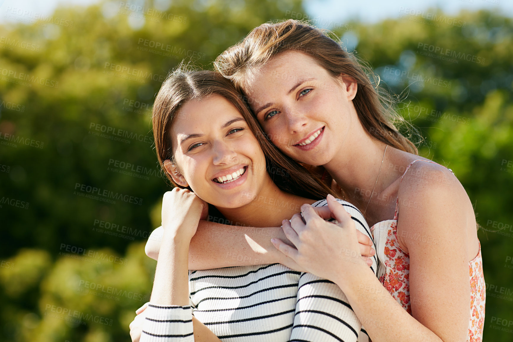 Buy stock photo Happy, hug and portrait of friends outdoor with bonding, love and connection together on holiday. Smile, care and women in nature with embrace for travel, vacation or weekend trip for reunion