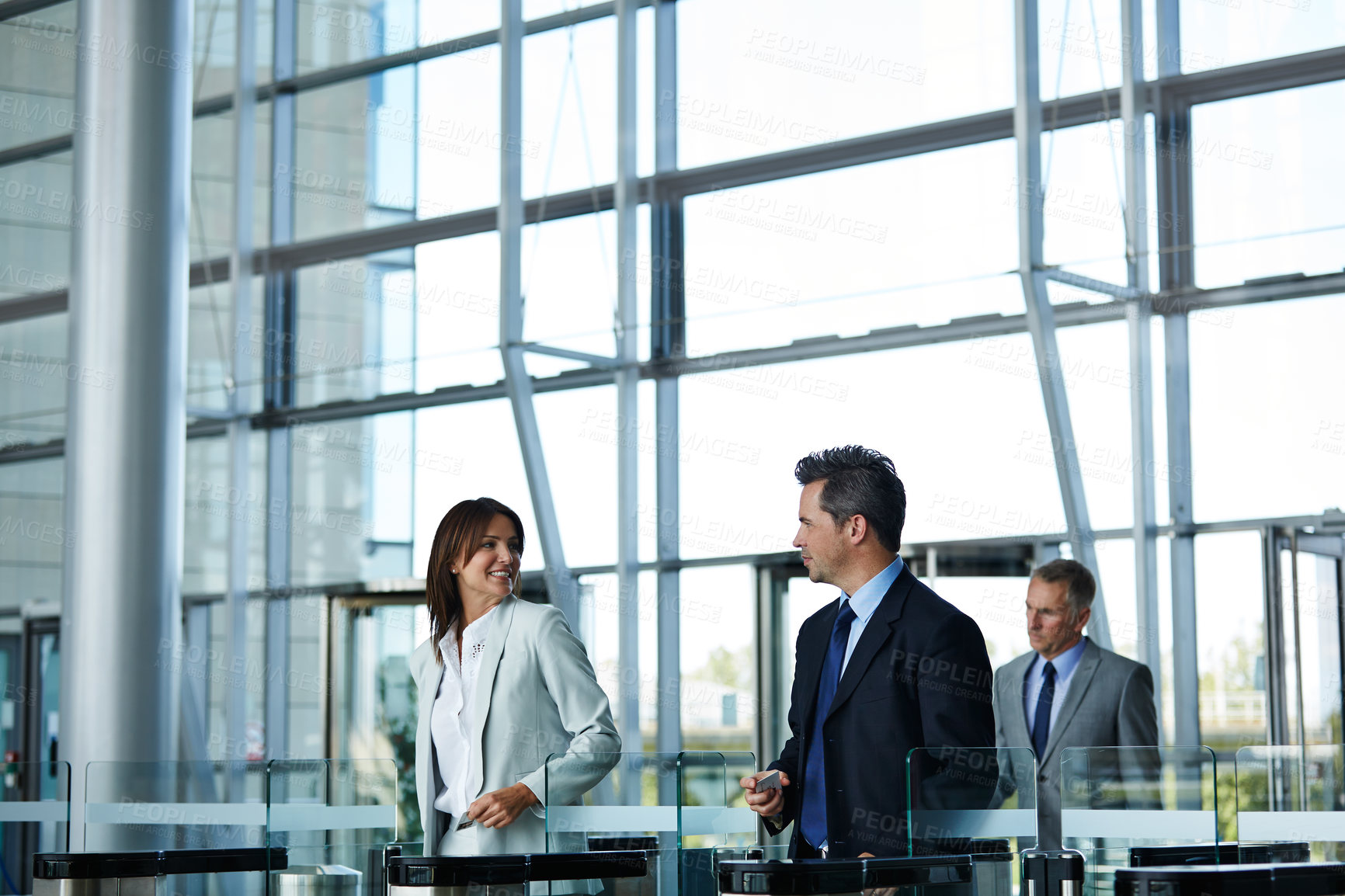 Buy stock photo Entry, walking and business people with access to office, workplace and arrive for work or career. Corporate, gate and workers with scan, id card and arrival for building security, entrance and lobby