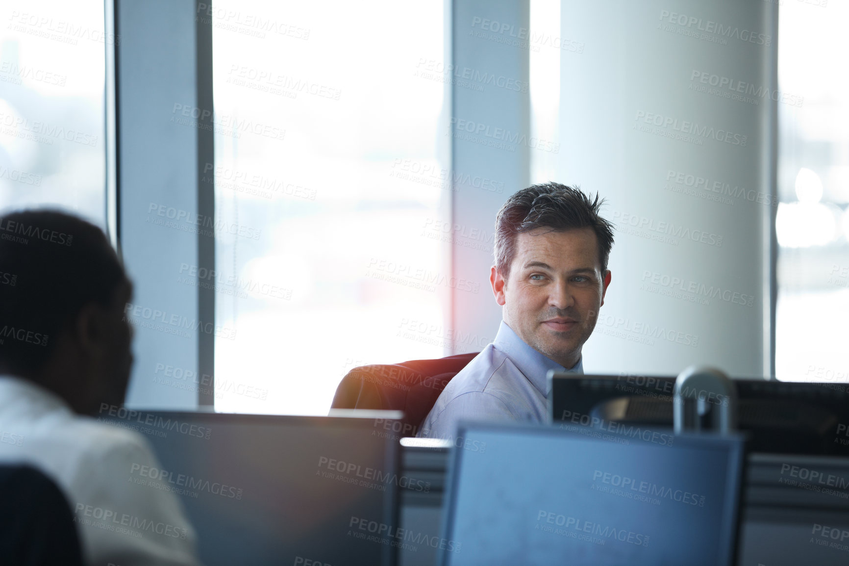 Buy stock photo Business, smile and men with computer in meeting, financial evaluation and conversation for project. Coworking, collaboration and mature happy people with tech, ideas and wealth management in office
