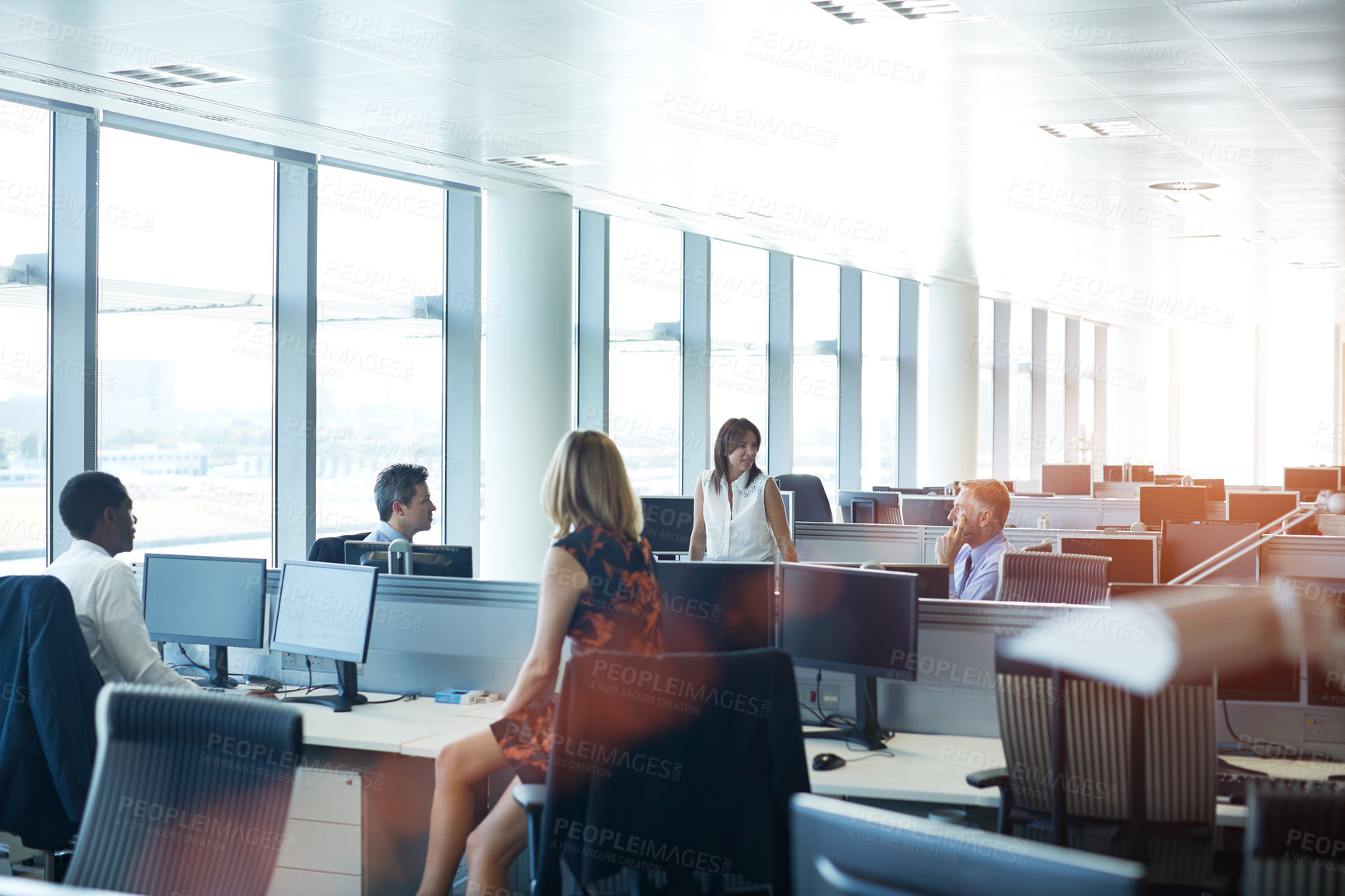Buy stock photo Office, meeting or business people in travel agency for work break, discussion or review together. Group, employee or agents with team for social, coworking or company operations in flight center