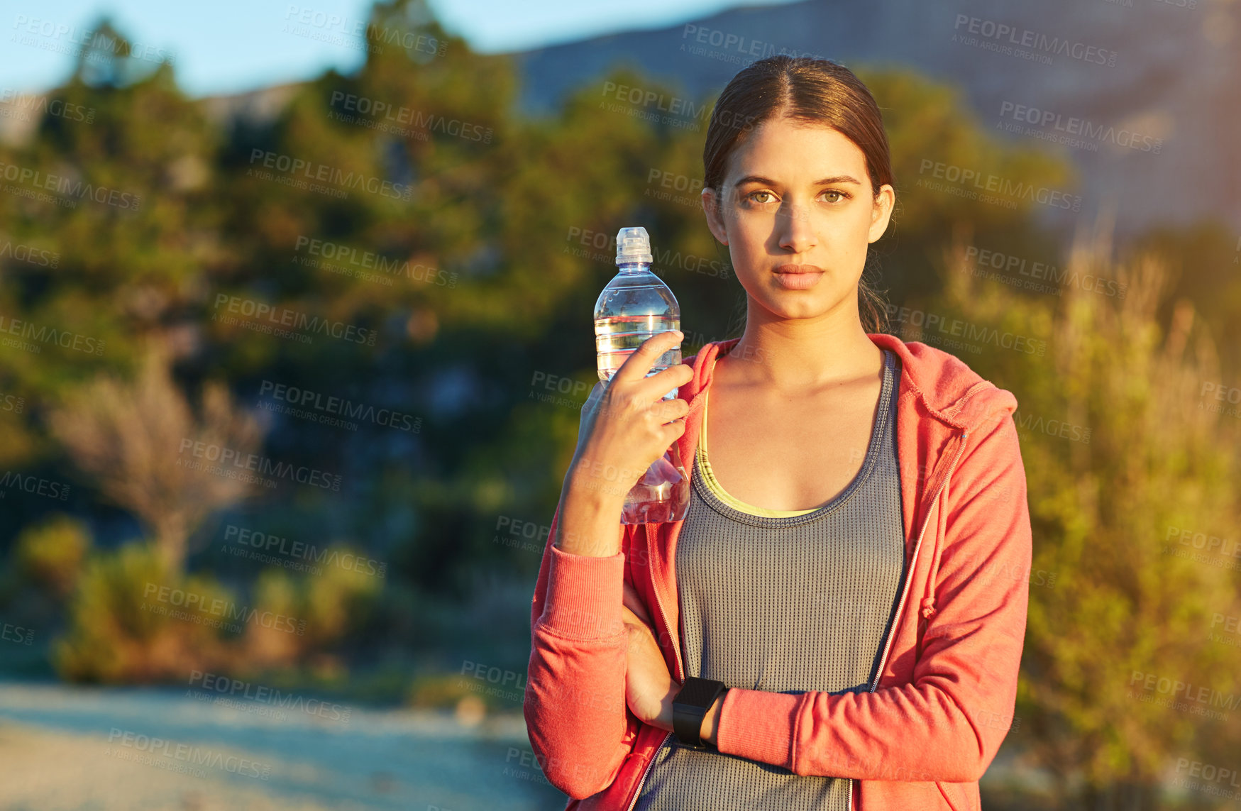 Buy stock photo Fitness, portrait and woman in nature with water bottle for hydration, wellness and rest for exercise. Space, morning and person with drink, fresh air and active for health, training and break