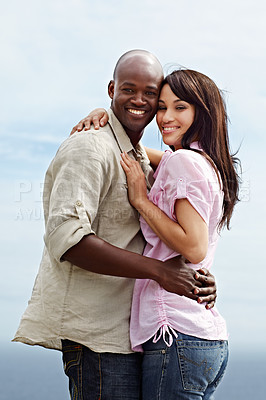 Buy stock photo Cropped portrait of an affectionate couple enjoying a day outside together