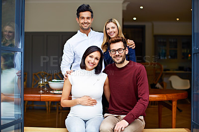 Buy stock photo Portrait of a group of friends sitting on a dining room patio