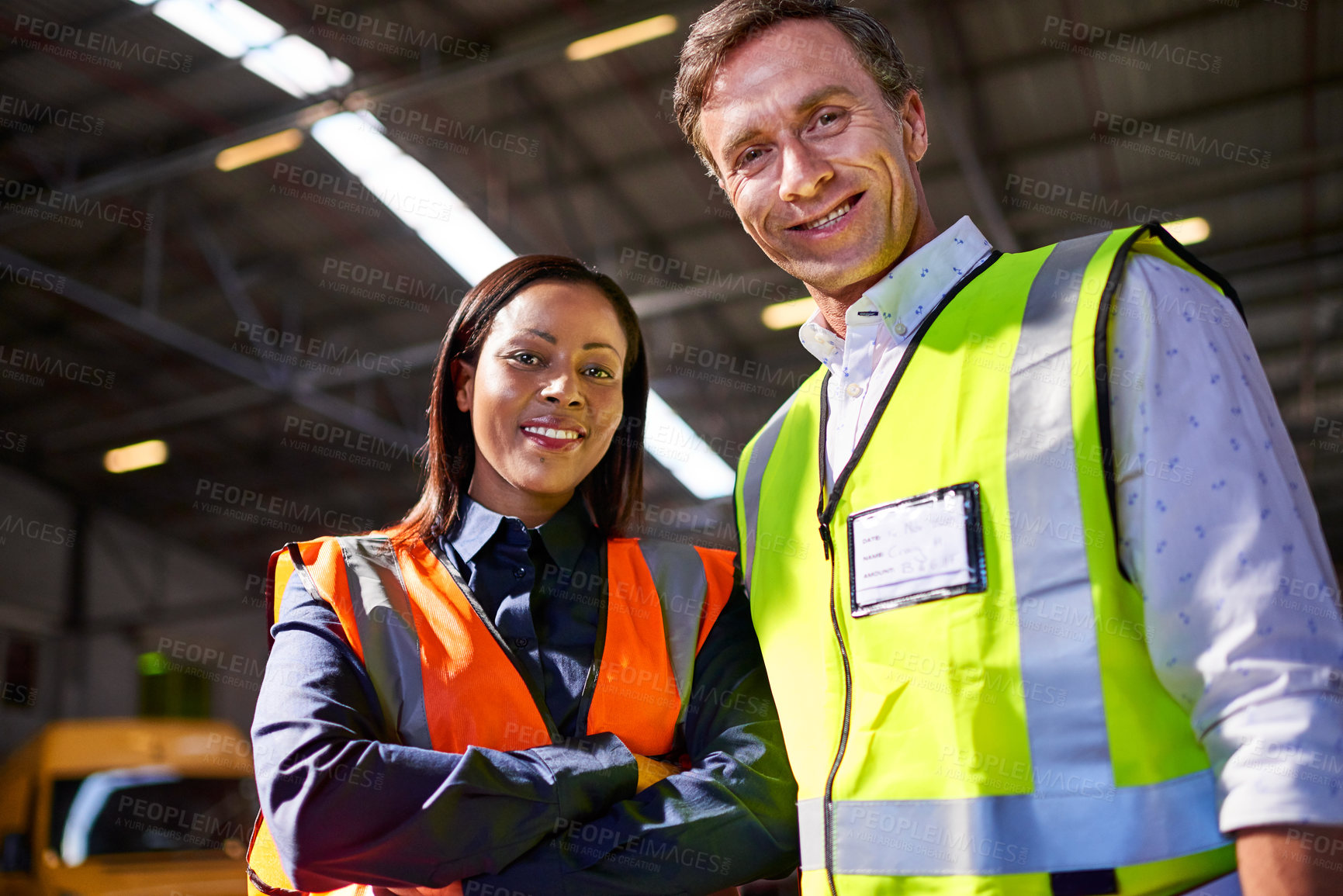 Buy stock photo Smile, people and portrait of distribution employees in warehouse for logistics project with team. Professional, industry and supply chain manager with worker for quality control service in factory.