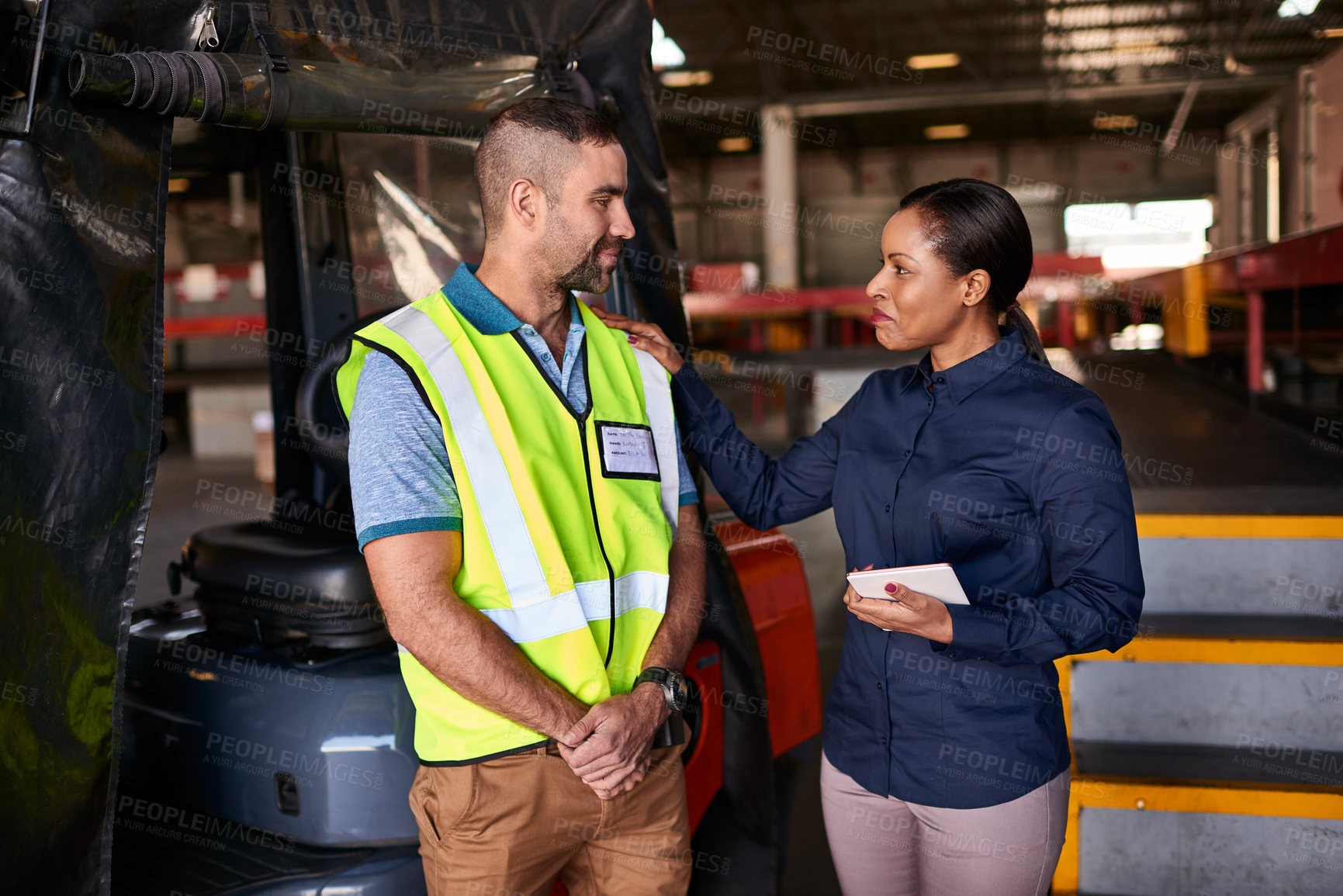 Buy stock photo Tablet, forklift operator and manager with support for shipping, backlog clearance and pride. People, driver and happy supervisor with tech for logistics praise, loading milestone and appreciation