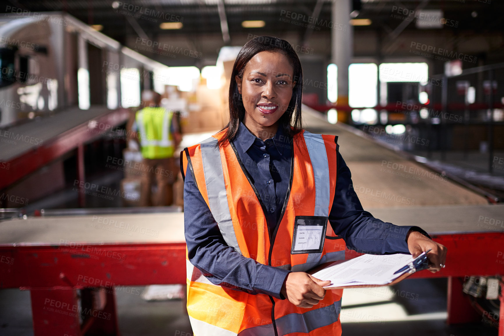 Buy stock photo Portrait, logistics or happy woman with clipboard in warehouse for shipping or supply chain service. Female person, supplier or distributor with smile or checklist for freight safety in storage depot