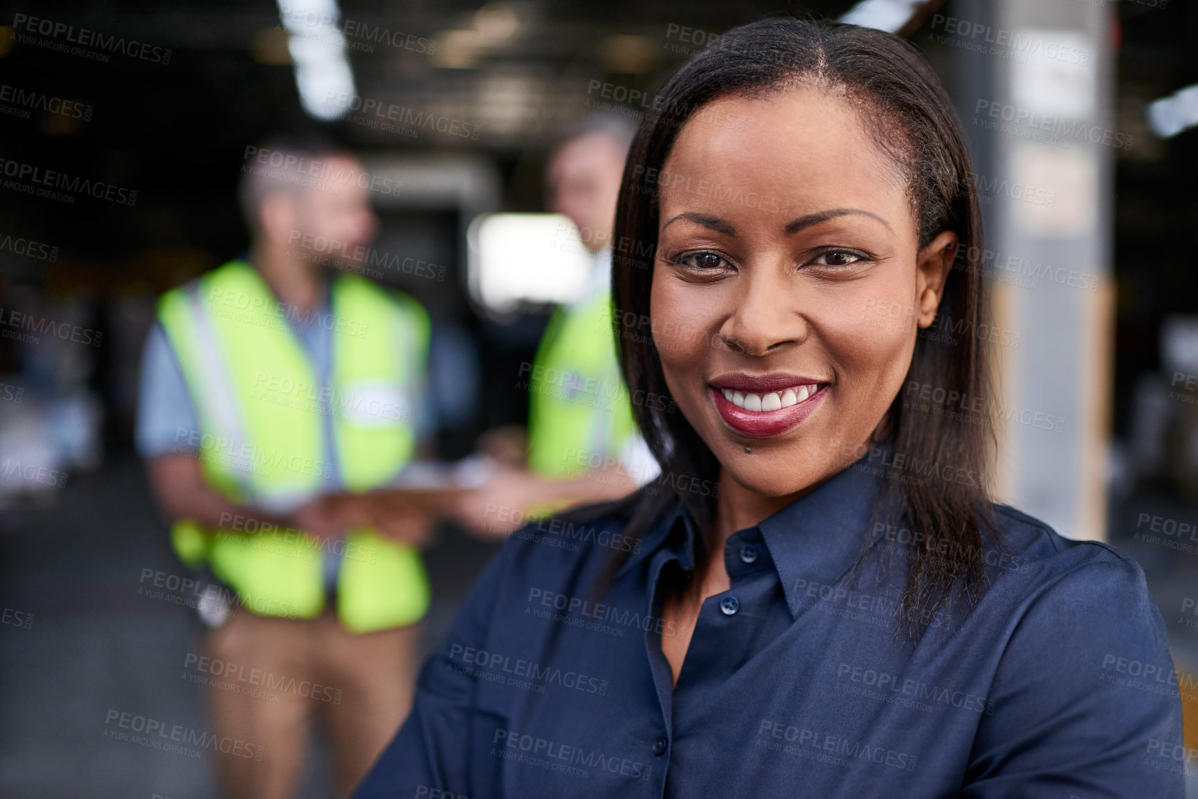 Buy stock photo Smile, woman and portrait of logistics worker in warehouse with confidence for distribution project. Happy, leadership and supply chain manager with pride for shipping, delivery or export service.