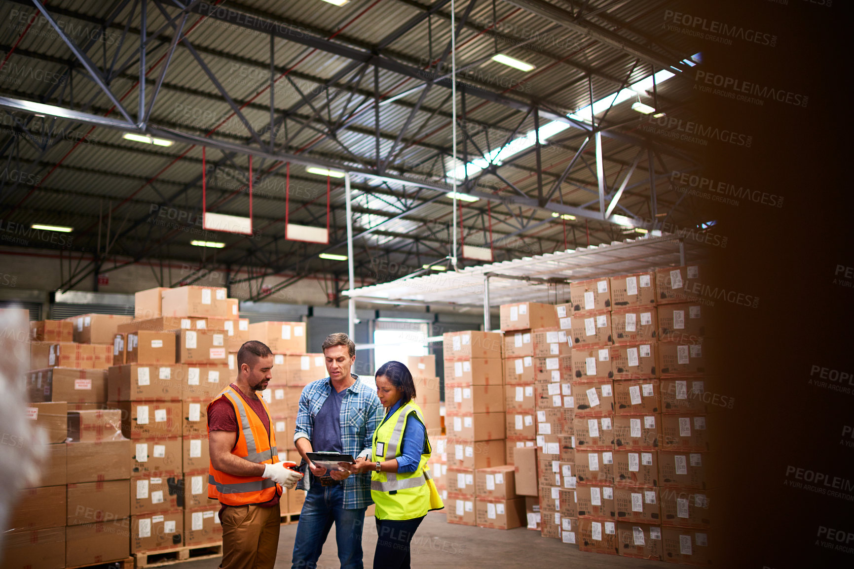 Buy stock photo Talking, tablet and people in warehouse with boxes, package or stock for shipping distribution. Factory, logistics and worker and supervisor on tech for delivery, supply chain or inventory management