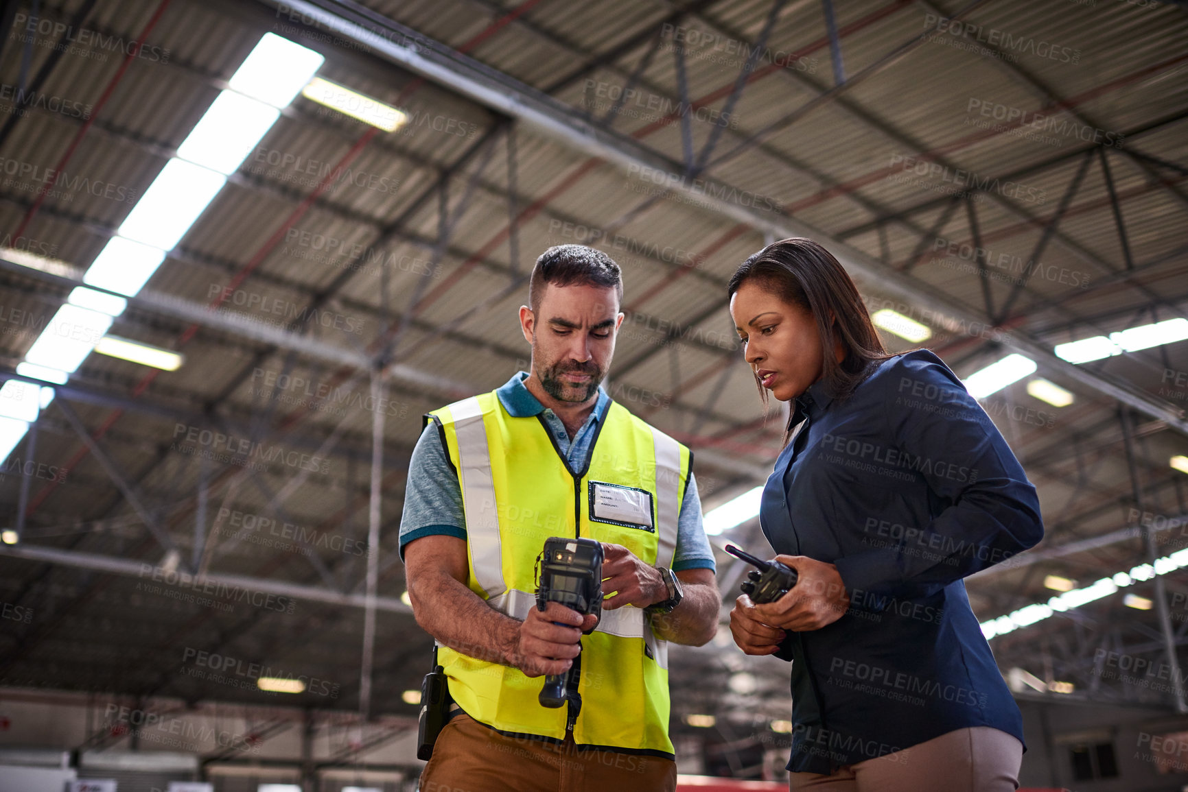 Buy stock photo Warehouse, team and people with scanner for shipping, logistics and track inventory for distribution. Supervisor, low angle and man with machine for inspection, stock or barcode info for supply chain