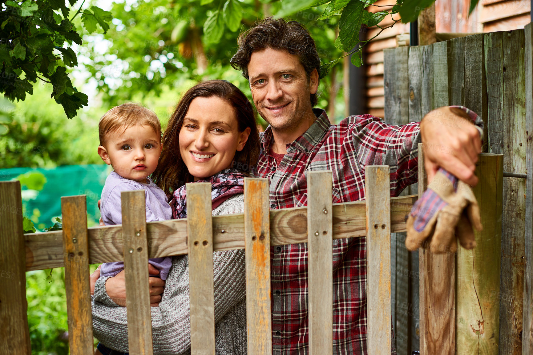 Buy stock photo Portrait, baby and parents with organic garden for family, smile or teaching sustainability to child. Happy people, mom and dad outdoor by home fence with daughter, gardening and bonding together.