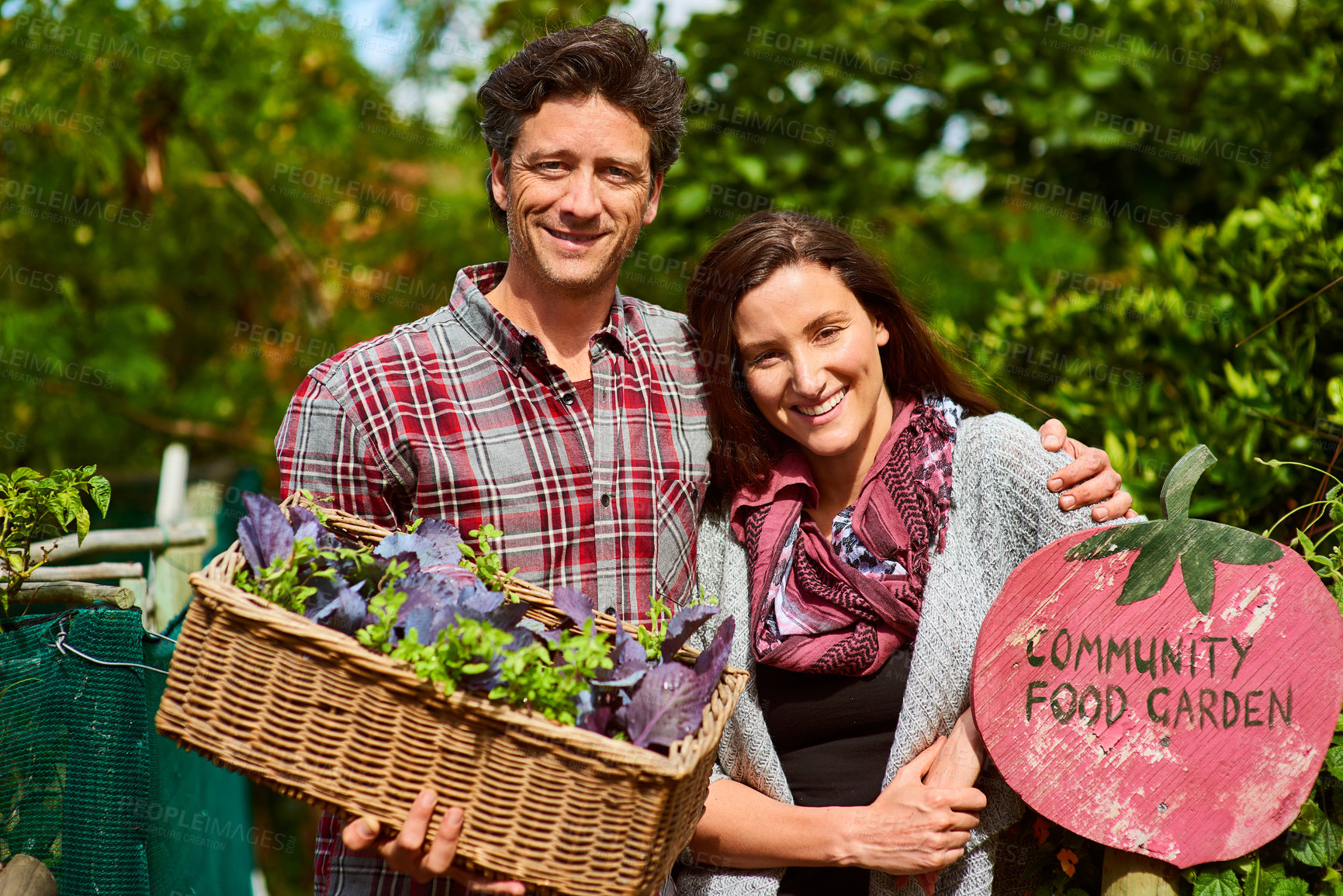 Buy stock photo Food, garden and portrait of couple in nature for outreach program, agriculture or volunteer. Harvest, vegetable and growth with man and woman outdoor for sustainability and community farming project