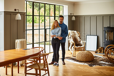 Buy stock photo Portrait of an affectionate couple bonding together at home