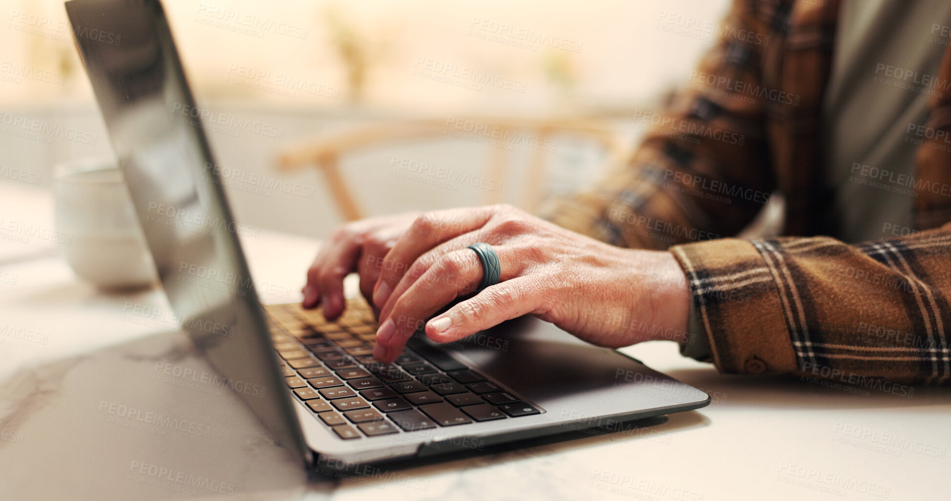 Buy stock photo Remote work, keyboard or hands in house with laptop, proofreading or feedback on novel draft. Typing, man or author in kitchen with tech, editing manuscript or chapter planning in story development.