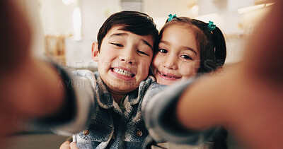 Buy stock photo Portrait, siblings or children in house with selfie, digital memory or bonding together on weekend break. Smile, brother or sister with POV, family connection or happy moment for social media update.