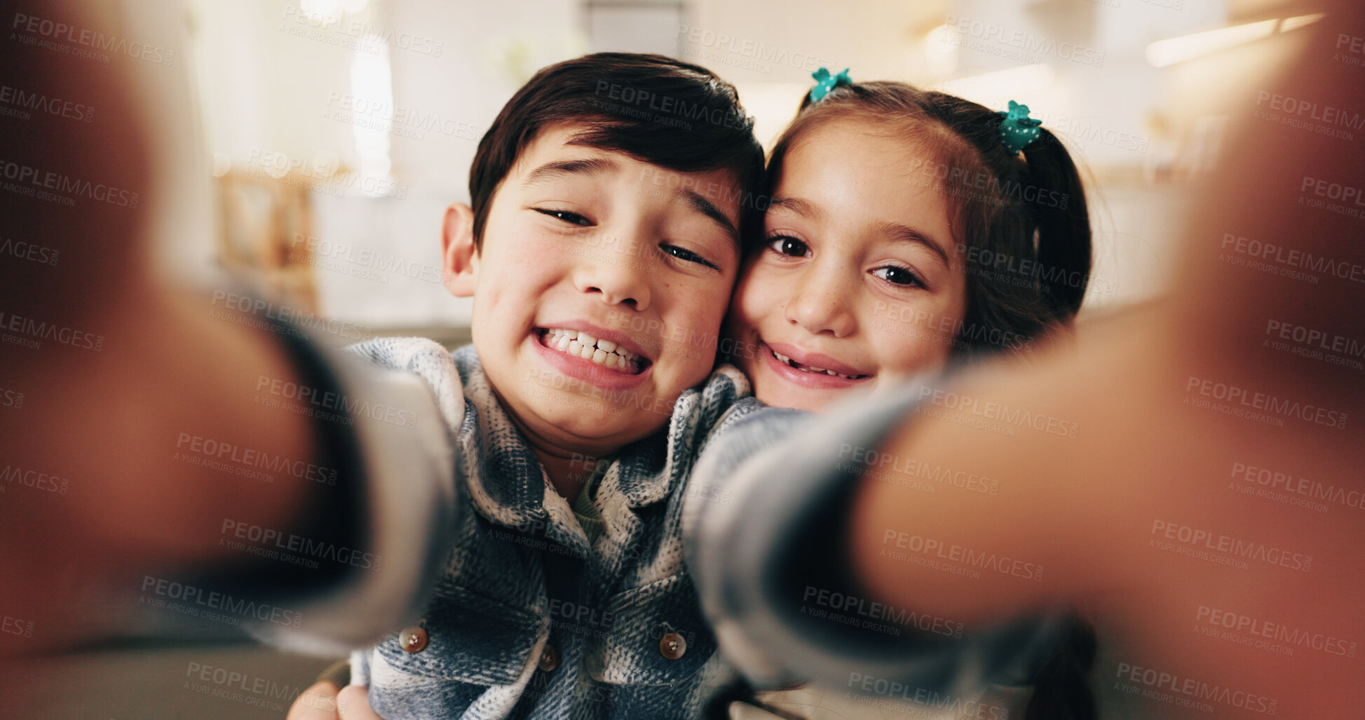 Buy stock photo Portrait, siblings or children in house with selfie, digital memory or bonding together on weekend break. Smile, brother or sister with POV, family connection or happy moment for social media update.