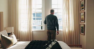 Buy stock photo Back, old man and opening curtain in bedroom, start day and check weather for morning routine. Thinking, senior person and window at house for sunlight, outdoor view and weekend for retirement break