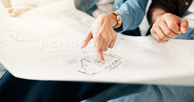 Buy stock photo Hands, architect and team with blueprint for renovation, drawing and review layout for project. People, pointing and document with floor plan, remodeling sketch and interior design for architecture
