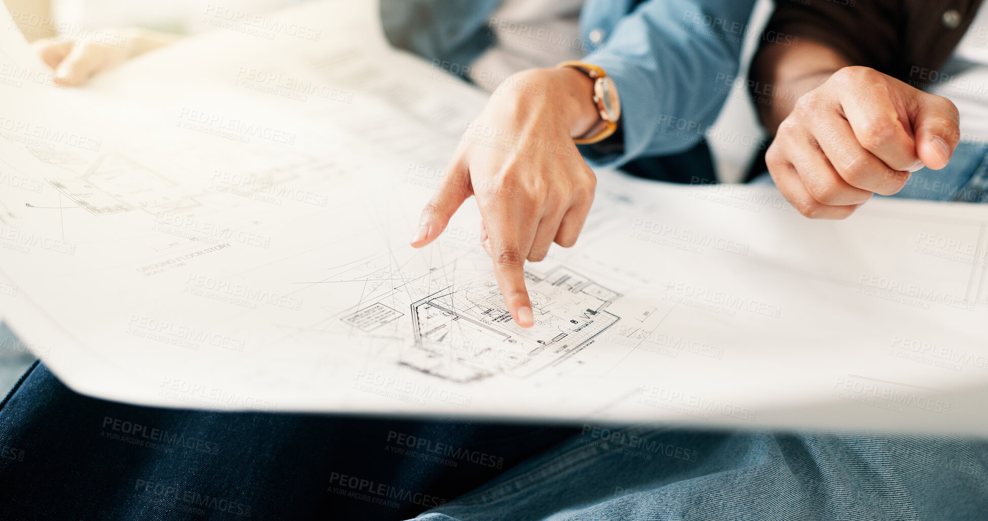 Buy stock photo Hands, architect and team with blueprint for renovation, drawing and review layout for project. People, pointing and document with floor plan, remodeling sketch and interior design for architecture