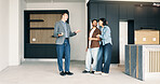 Couple, relocation and talking with realtor in new home for opportunity, sale or viewing. Bond approval, mortgage loan and discussion with happy people in real estate development for purchase