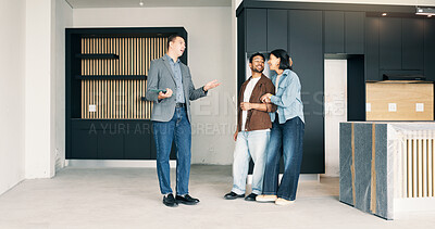 Buy stock photo Couple, relocation and talking with realtor in new home for opportunity, sale or viewing. Agent, mortgage loan and discussion with happy people in real estate development for purchase and tour