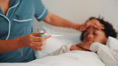Buy stock photo Sick, child and hands with thermometer in bedroom, parent or monitoring temperature for flu symptoms. Health check, home and person with equipment for fever diagnoses, family and kid with cold on bed
