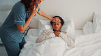 Phone call, hands and mother with sick child in bedroom, discussion and monitoring body temperature. Mom, talking or person with mobile for medical advice, health check and black kid with flu in home