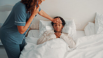 Buy stock photo Phone call, hands and mother with sick child in bedroom, discussion and monitoring body temperature. Mom, talking or person with mobile for medical advice, health check and black kid with flu in home