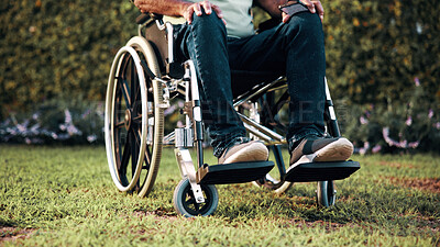 Buy stock photo Legs, wheelchair and person with disability at garden, relax and rehabilitation for wellness. Shoes, rest and chair outdoor for accessibility with transport, mobility aid and recovery for health