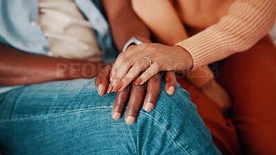 Buy stock photo Couple, holding hands and love in marriage with support, bonding and trust in relationship. Married people, together and comfort in commitment with loyalty, soulmate and connection in solidarity 