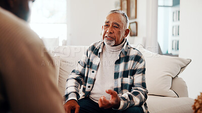Buy stock photo Consulting, talking and therapy with old man on sofa for mental health or trauma counseling. Conversation, diagnosis or feedback and senior patient in session with therapist for assistance or help