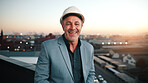 Portrait, man and architect outdoor with sunset, inspector or engineering for urban infrastructure. Mature, person and contractor on rooftop with about us, quality control or city construction