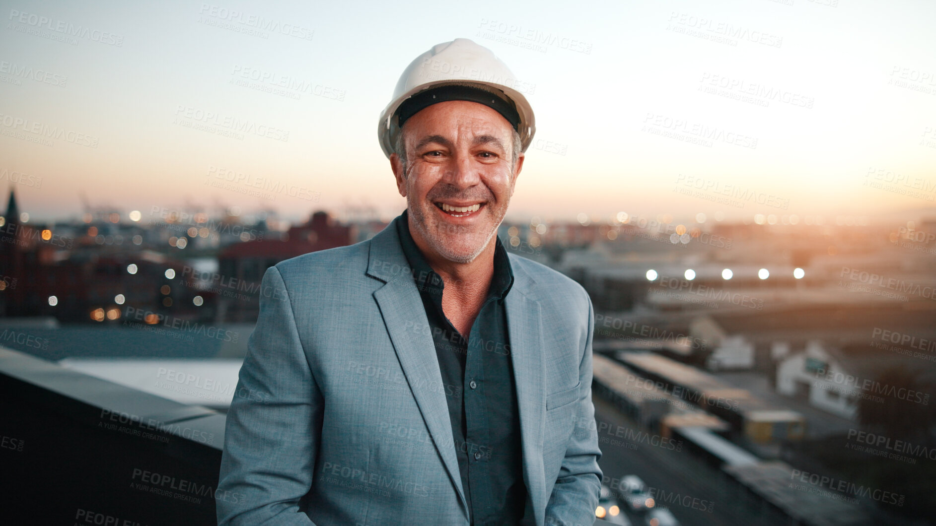 Buy stock photo Portrait, man and architect outdoor with sunset, inspector or engineering for urban infrastructure. Mature, person and contractor on rooftop with about us, quality control or city construction