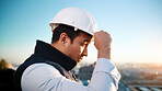Thinking, man and engineer with helmet for construction, vision and architecture in city. Male person, ppe and outdoor with reflection, building view and quality assurance for urban infrastructure