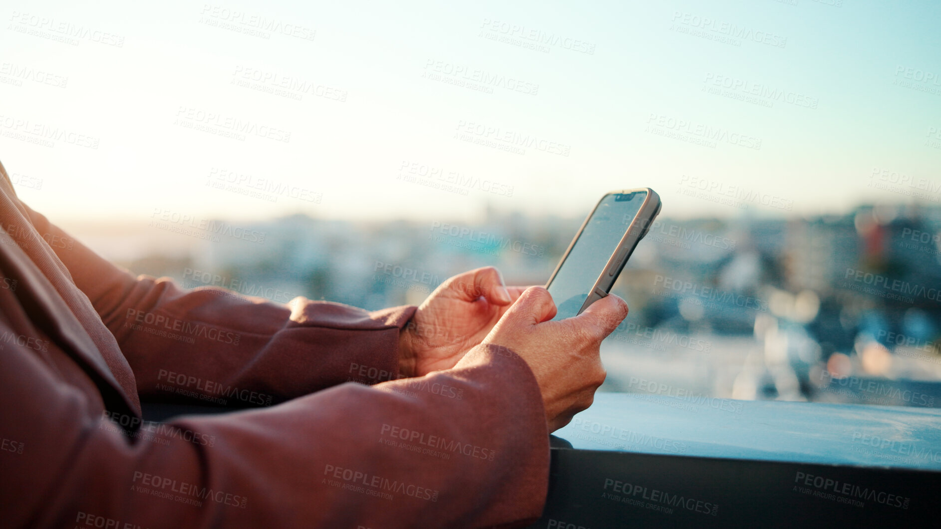 Buy stock photo Business, text or hands in city with phone, lead generation or rental inquiry on networking site. Space, woman or realtor with tech, listing feedback or digital communication on property investment.