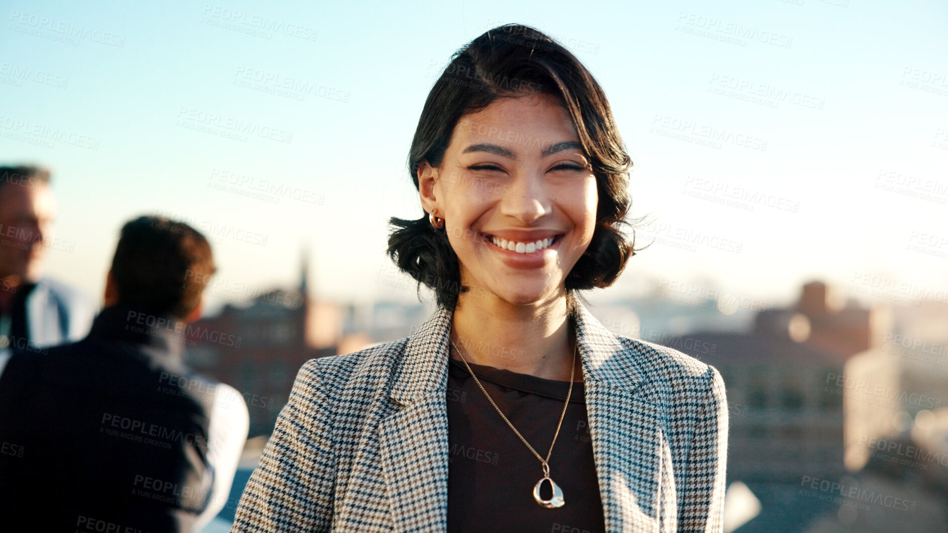 Buy stock photo Realtor, happy and woman on balcony with portrait, property agent or pride in real estate industry. Confidence, space or broker outdoor with ambition, leasing manager or about us as housing advisor.