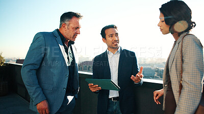 Buy stock photo Tablet, roof and business people with conversation in city, real estate evaluation or urban development. Tech, outdoor and realtor team with plan for property value, idea and listing suggestion