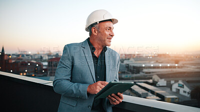 Buy stock photo Thinking, man and construction contractor with tablet for city planning, research or site development. Ideas, digital technology and civil engineer with feedback on building renovation on rooftop.