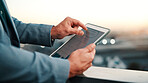 Tablet screen, hands and businessman in city with data, statistics or stock market analysis. Graphs, research and financial manager with digital technology for sales vs expenses growth in town.