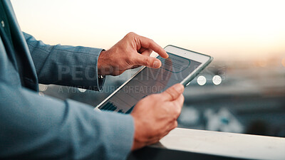 Buy stock photo Tablet screen, hands and businessman in city with data, statistics or stock market analysis. Graphs, research and financial manager with digital technology for sales vs expenses growth in town.