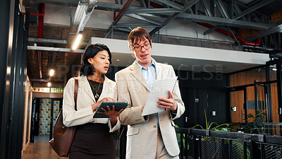 Buy stock photo Walking, tablet and business people with documents in office for planning, agenda and finance review. Corporate, meeting and workers on tech for financial report, feedback and proposal for budget