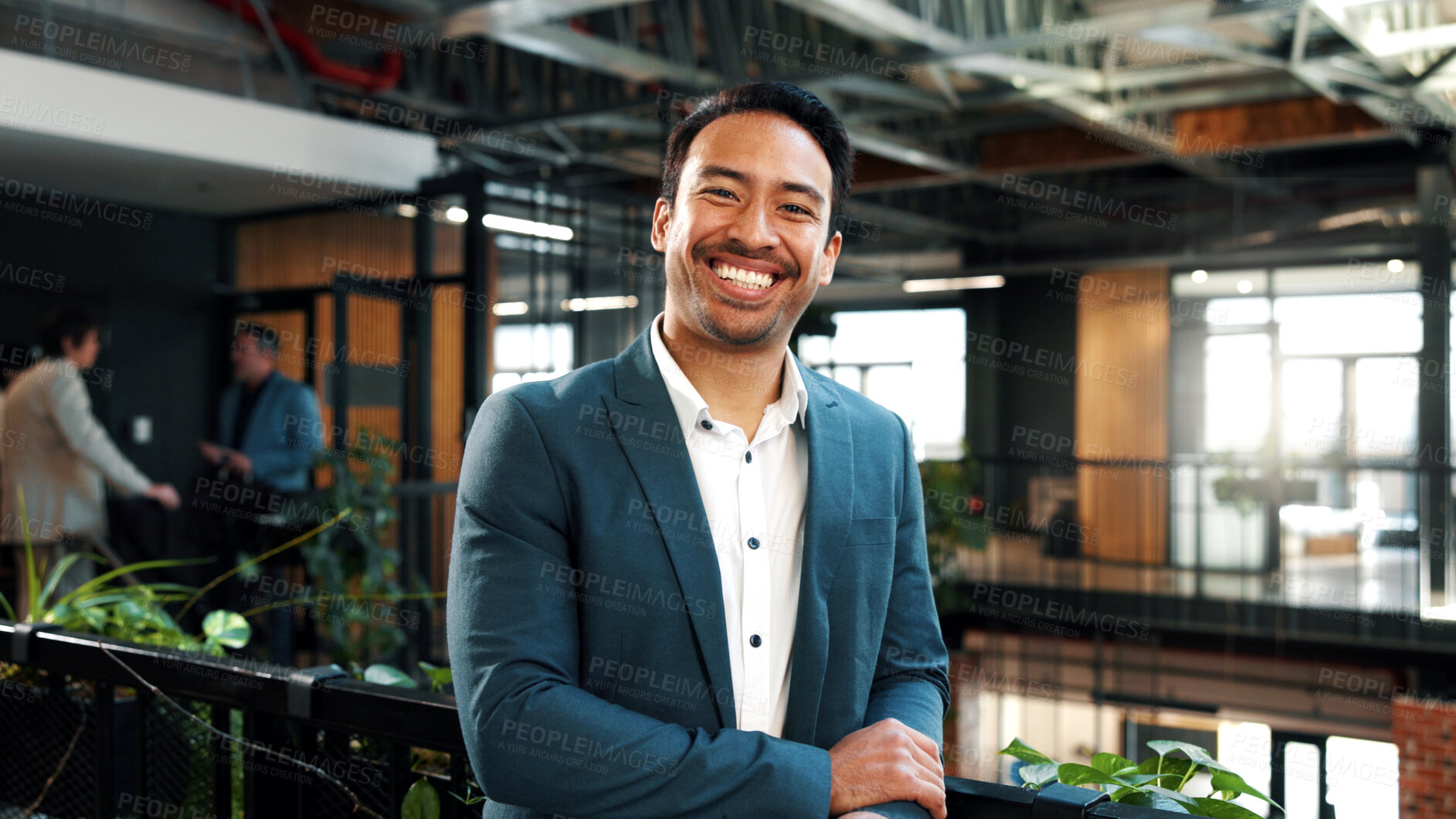 Buy stock photo Business, man and happy with portrait in office for green career, ESG compliance and about us. Staff, sustainability advisor and smile at eco friendly workplace for social impact, growth and ambition
